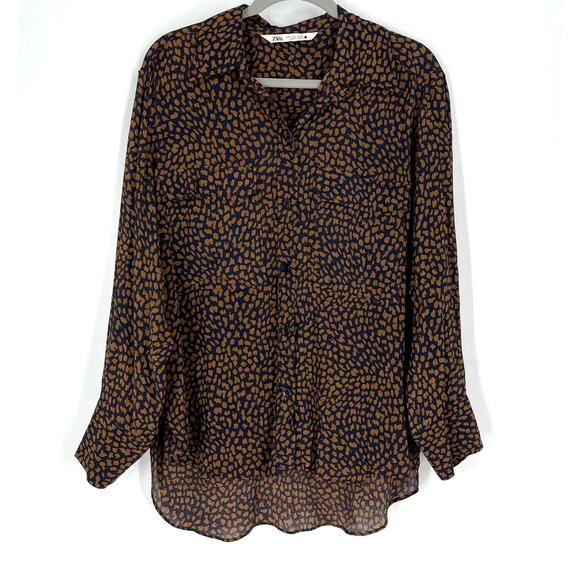 Zara Black Flowy Blouse Large Collared Button Down - Picture 1 of 4